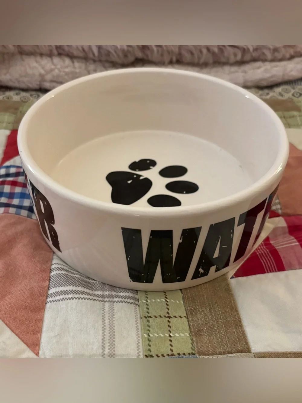 White Ceramic Water Bowl with Black Writing & Paw Print Size 6.25”D